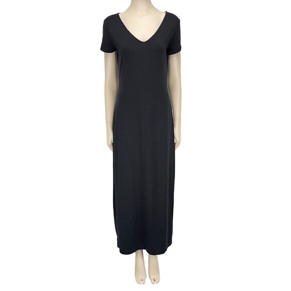 ESPRIT T-Shirt Bodycon sz Large* Stretch V-Neck Black Gothcore Maxi Midi Dress - Picture 3 of 9